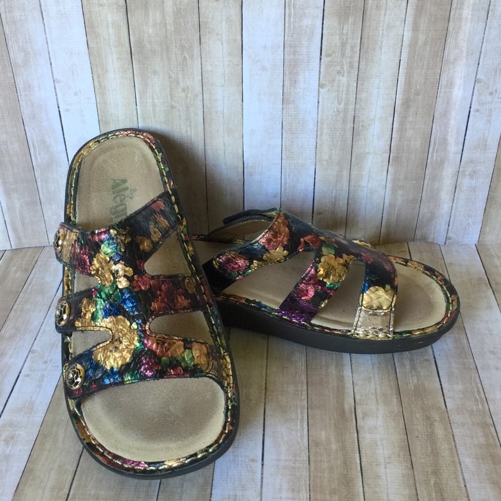 Alegria Multicolor Metallic Floral Slide Sandals - Gold, Pink, Blue
